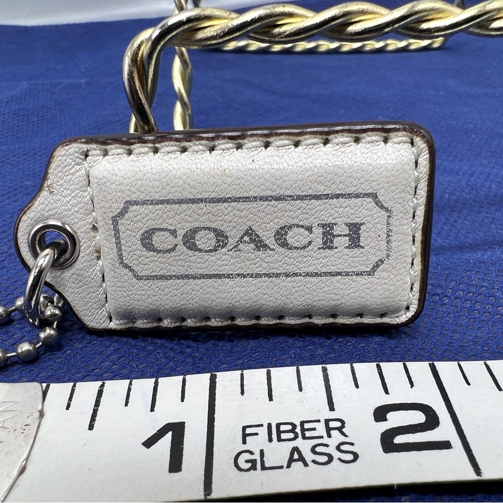 COACH White Leather Silver Letters Key FOB Bag Charm Keychain Hang Tag 2” Long